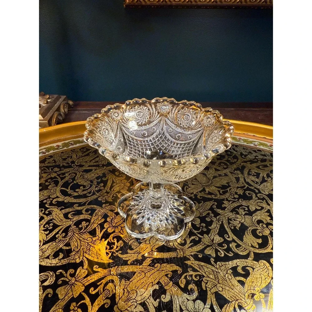 Antique EAPG Compote Bowl: Daisy Button Pattern, Gold Rim Pedestal‎ Dish